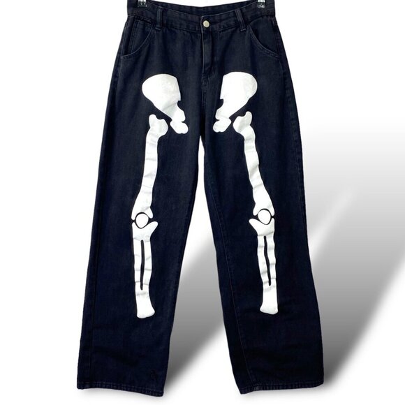 Skeleton Baggy Jeans Sz L 30x Black Denim Wide Leg Pants Goth Halloween Bones - Picture 1 of 13